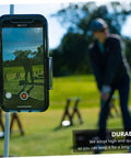Hands Free Golf Phone Holder Clip for golf carts and clubs with 360 degree rotating swing cam mount capturing swing video.