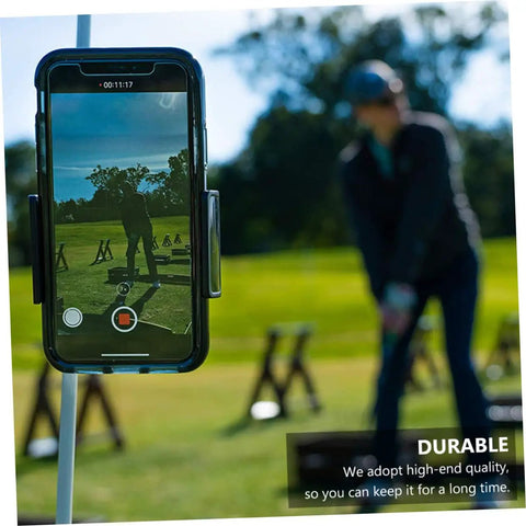 Hands Free Golf Phone Holder Clip for golf carts and clubs with 360 degree rotating swing cam mount capturing swing video.