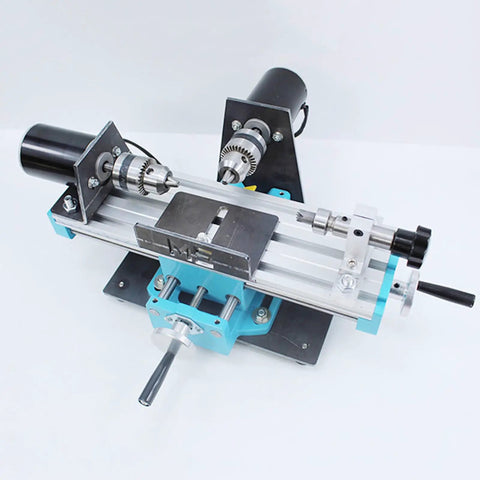 Compact Mini Metal Lathe And Wood Beads Machine With 7 Speed Adjustable Settings Up To 7000 Rpm shown from the top with aluminum and metal parts.