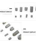 Industrial Grade 300-Piece M3 To M8 304 Stainless Steel Hex Socket Set Screws With Oval Cup Point Internal Drive on display