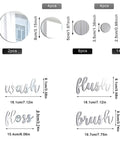 30 Piece Bathroom Wall Decals Set With 3D Round Mirror Stickers in various sizes and word decals like wash, floss, brush, flush.