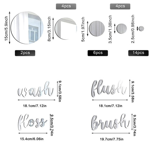 30 Piece Bathroom Wall Decals Set With 3D Round Mirror Stickers in various sizes and word decals like wash, floss, brush, flush.