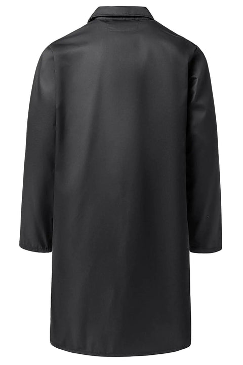 Back view of Men's Mechanic Lab Coat For Workshop And Woodworking, Long Black Shop Coat XL, Heavy Duty 80 Percent 20 Percent Polyester Cotton Blend.