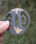 Samurai Sword Koshirae Tsuba Iron Carved 001-026 TDH 026 2.95 To 2.87 In Hand Guard with gold inlay design