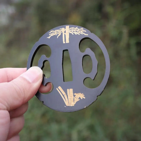 Samurai Sword Koshirae Tsuba Iron Carved 001-026 TDH 026 2.95 To 2.87 In Hand Guard with gold inlay design