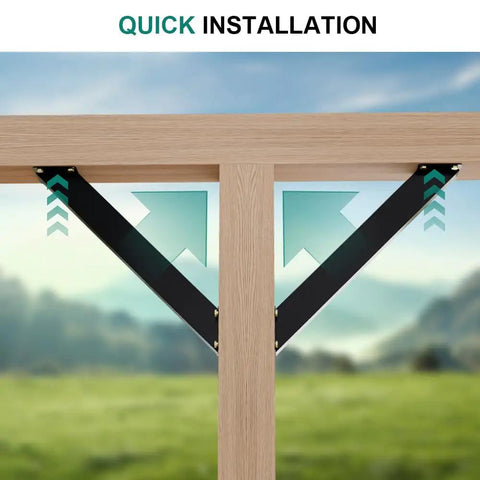 45 Degree Angle Corner Brackets 8 Pack For Wood Post And Beam - Heavy Duty DIY Kit For Pergola Gazebo Desk Edge Supports and Inside Joint Bracing installed on wooden beam in outdoor setting