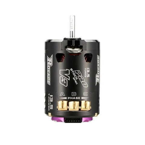 Front view of Beefy Rocket V3 540 13.5T 3200KV Sensored Brushless RC Motor with CNC aluminum heatsink and dual sensor ports.