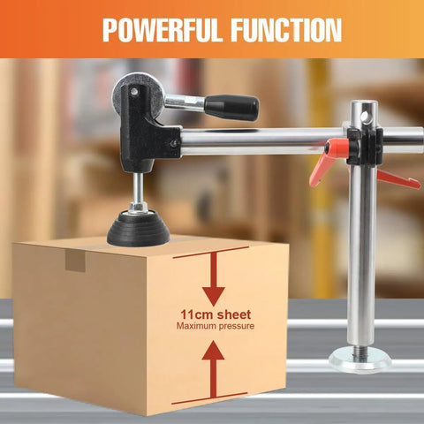 Dead Legit Sliding Table Saw Clamp And Presser Featuring Rugged Cast Iron Build With Comfy Anti Slip Grip For Precision Woodworking clamp in use securing box