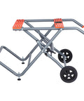 Heavy Duty Portable Table Saw Stand Built Like A Tank With Sweet Rolling Wheels And A Quick Fold Design for job site relocation, showing steel frame and wheels.