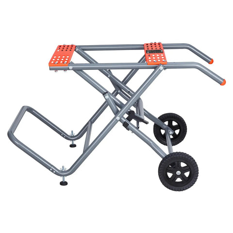 Heavy Duty Portable Table Saw Stand Built Like A Tank With Sweet Rolling Wheels And A Quick Fold Design for job site relocation, showing steel frame and wheels.