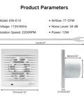 Diagram of powerful 4 inch wall mount exhaust fan for bathrooms and more, 77 CFM airflow, 12W low power, quiet 34 dB plug in vent.