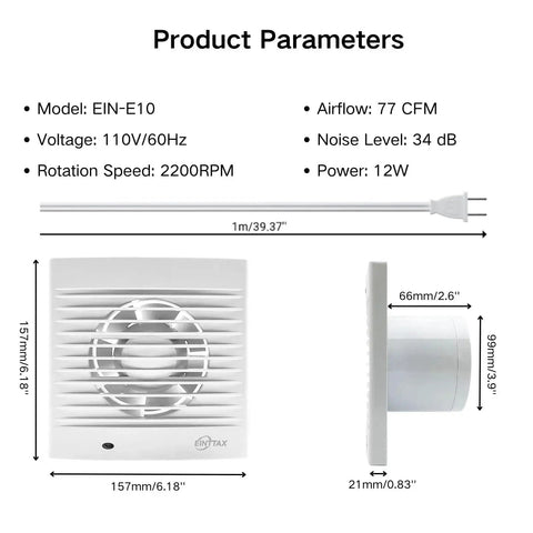 Diagram of powerful 4 inch wall mount exhaust fan for bathrooms and more, 77 CFM airflow, 12W low power, quiet 34 dB plug in vent.