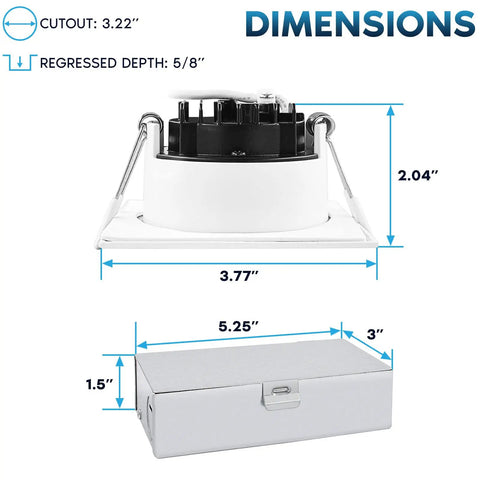 Dimensions for 3 Inch Square LED Recessed Ceiling Light With Junction Box 5 CCT Adjustable 2700K To 5000K 800 Lumens Dimmable