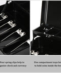 Locking Cash Box With Money Tray And Security Cable, Heavy Duty Metal Safe showing five compartment tray and spring clips for checks.