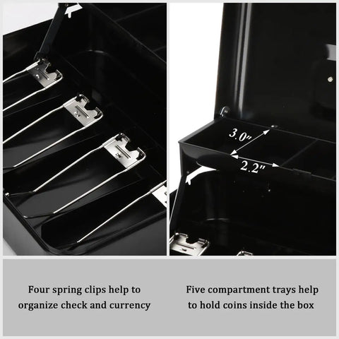 Locking Cash Box With Money Tray And Security Cable, Heavy Duty Metal Safe showing five compartment tray and spring clips for checks.