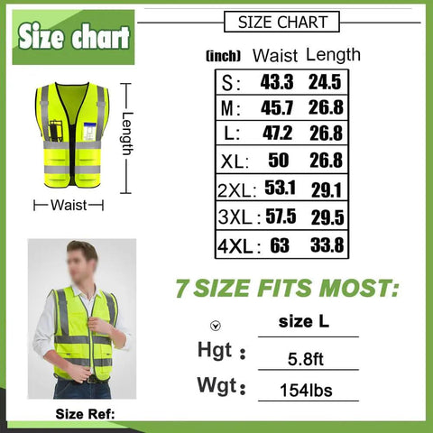Size chart for Top Shelf High Visibility Reflective Safety Vest With Heavy Duty Zipper And Deep Storage Pockets, showing measurements.