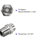 Pro Grade Surface Clean Tips Set Two Pack 25 Degree Pressure Washer Nozzles One Quarter Inch NPT Male Stainless Steel With Sealing Tape Replacement For Water Guns And Surface Cleaners One Point One Five Six Millimeter Orifice showing nozzle front and side view.