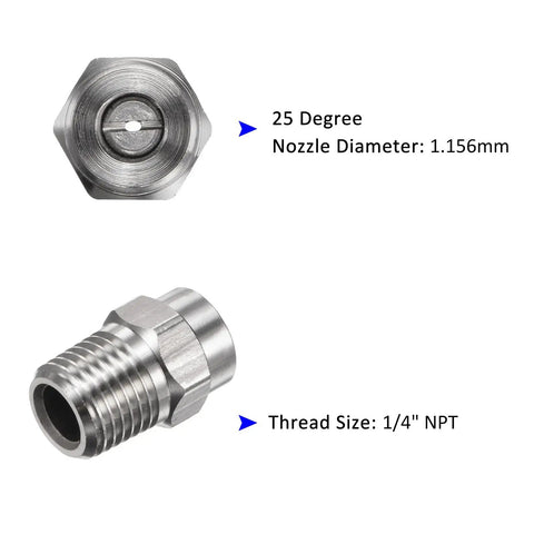 Pro Grade Surface Clean Tips Set Two Pack 25 Degree Pressure Washer Nozzles One Quarter Inch NPT Male Stainless Steel With Sealing Tape Replacement For Water Guns And Surface Cleaners One Point One Five Six Millimeter Orifice showing nozzle front and side view.