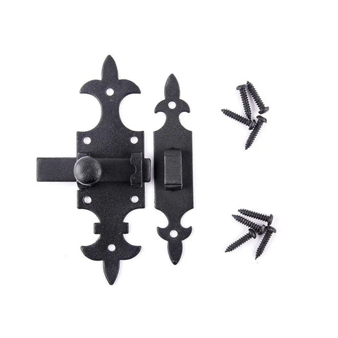 Rock Solid Black Powder Coated Wrought Iron French Quarter Slide Bolt Cabinet Latch Lock Five And One Half Inches with screws.