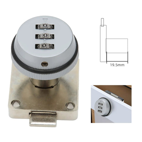 Keyless Combination Cam Lock With Password Security for Drawers Cabinets Lockers, zinc alloy lock with diagram showing dimensions.
