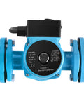 115V Hot Water Recirculating Pump 168W with 3Speed Settings and NPT 1 Inch Connections for Tank Heaters top view, blue cast iron body, black motor.