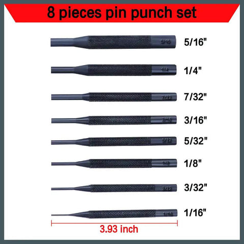Image of 8 Piece Pin Punch Set With Holder for Automotive, Watch Repair, Jewelry and Craft, showing various tool sizes.