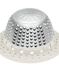 Universal Shower Drain Cover With Slim Hair Catcher And Raised Dome To Snag Strands Soap Chips And Sink Gunk While Keeping Water Flowing Smooth For Easy Rinse And No Sweat Drain Care On Standard Or Pop Up Drains Light Gray, showing stainless steel dome and silicone grip.
