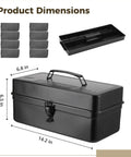 Heavy Duty Steel Toolbox With Removable Dividers, Portable Storage Case With Lockable Latch, Black Finish, 14.2 x 6.8 x 6.5 In