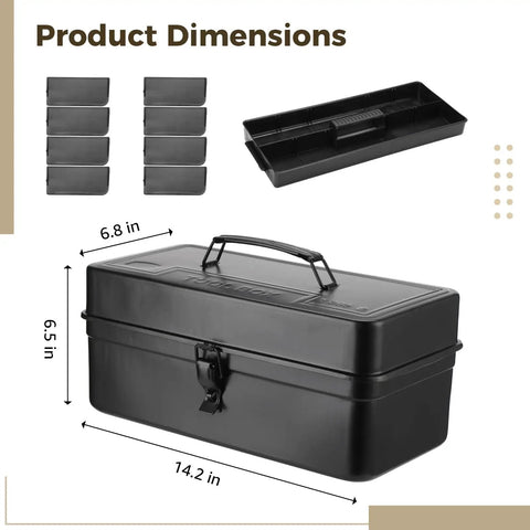 Heavy Duty Steel Toolbox With Removable Dividers, Portable Storage Case With Lockable Latch, Black Finish, 14.2 x 6.8 x 6.5 In