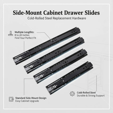 Side-Mount Drawer Slides For Cabinets, Cold-Rolled Steel Replacement Hardware, Full Extension Glides For Kitchen And Furniture, Built Tough For Daily Use, Product Image