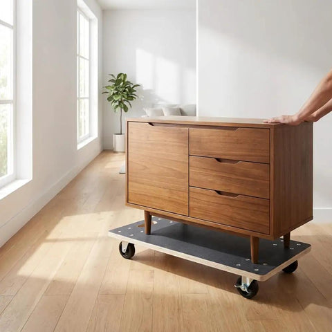Heavy Duty Wooden Moving Dolly Set With 4 Smooth PP Wheels And Smart Brakes transporting a wooden cabinet on hardwood floor in bright room.
