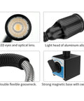 Close-up of 1320 Lumen LED Magnetic Work Light With Flexible Gooseneck And Magnetic Base showing LED lens, aluminum head, gooseneck, base