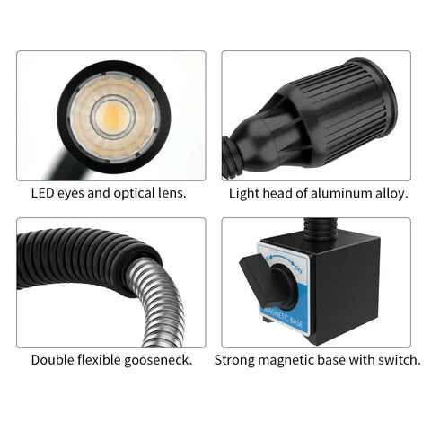 Close-up of 1320 Lumen LED Magnetic Work Light With Flexible Gooseneck And Magnetic Base showing LED lens, aluminum head, gooseneck, base