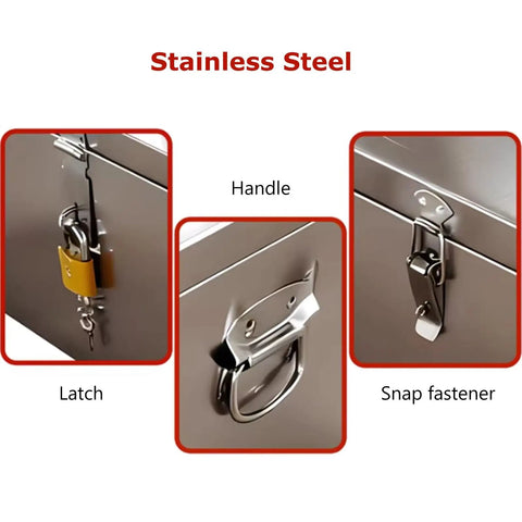 Beefy Stainless Steel Parts Organizer Box With Smooth Close Hydraulic Lid, Rugged Toolbox For Workshop, Durable Metal Case For Tools And Components Perfect For Home Shop Garage And Industrial Use Keeps Hardware Organized And Secure. Latch close-up