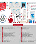 Front view of red Pet First Aid Kit case with vet-approved emergency supplies for dogs and cats.