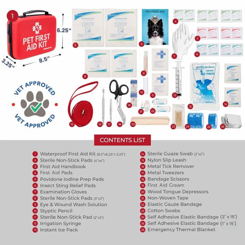 Front view of red Pet First Aid Kit case with vet-approved emergency supplies for dogs and cats.