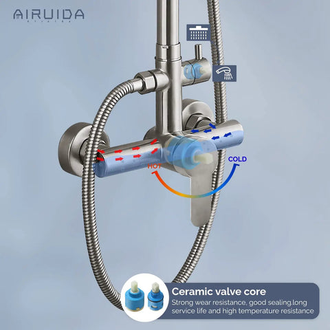 Outdoor Shower Faucet Setup With SUS304 Stainless Steel Wall Mount Exposed Brushed Nickel Finish Single Handle close-up view