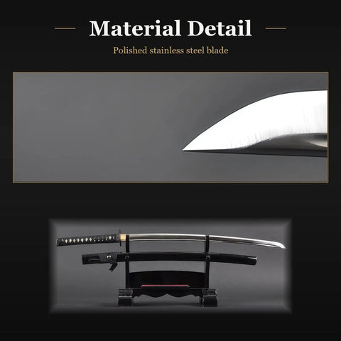 Close-up of unsharpened stainless steel blade on Iaido training sword, showing detailed material and polished finish.