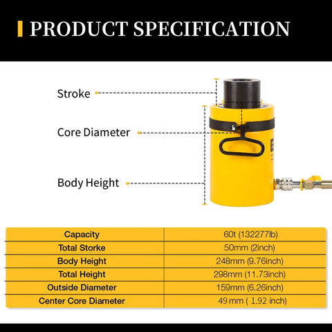 Built Tough 60 Ton Hollow Hydraulic Ram Cylinder Jack With Zero Hassle Auto Reset And Smooth Two Inch Stroke For Heavy Duty Trade Projects And Reliable Portable Power Jacks That Definitely Get The Job Done Fast