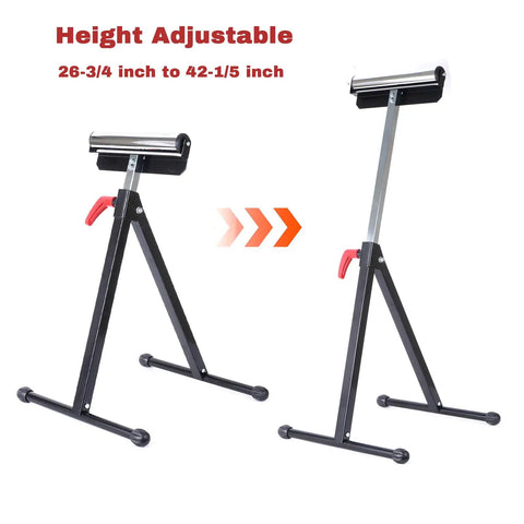 Heavy Duty Adjustable Roller Stand 2 Pack Folding Steel Work Support with adjustable heights from 26-3/4 to 42-1/5 inches.