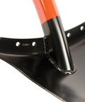 Close-up of Heavy Duty All Steel Round Point Shovel With 48 Inch Tubular Alloy Handle One Piece Welded Construction Thick 12 Gauge Blade