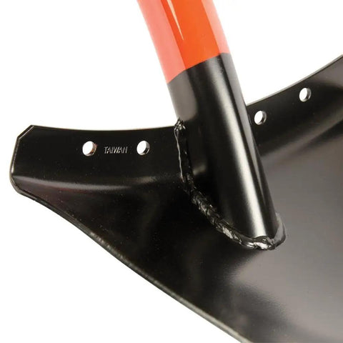 Close-up of Heavy Duty All Steel Round Point Shovel With 48 Inch Tubular Alloy Handle One Piece Welded Construction Thick 12 Gauge Blade