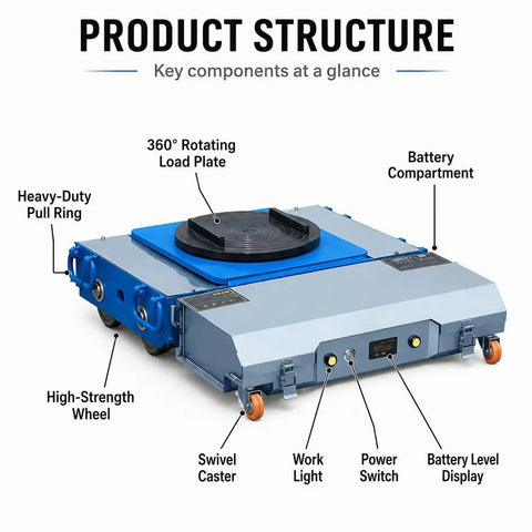 Heavy Duty 30 Ton Electric Machinery Skate Dolly With Remote Control Featuring 360 Degree Rotating Load Plate and high-strength wheels.