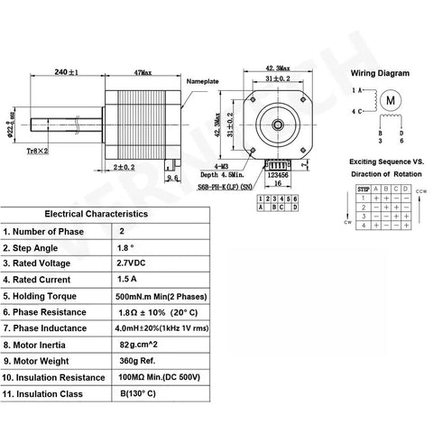 Technical drawing of NEMA 17 Stepper Motor with Integrated 240mm TR8x2 Lead Screw for UV Resin 3D Printers and CNC Machines.