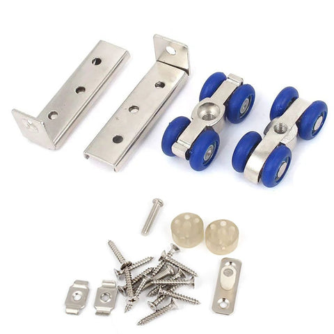 2 Pack 4 Wheel Metal Sliding Track Pocket Door Roller Wheel Set Hanger Ball Bearing Pulley Kit For Wardrobe Closet Barn Door Durable Quiet Smooth Sliding Easy Install High Load Capacity Top Plate Design Long Service Life