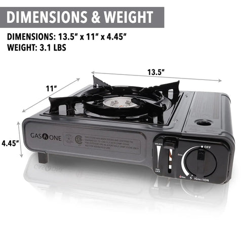 Portable Butane Camping Stove Bundle with Rugged Carrying Case and Four Fuel Canisters for Easy Ignition and Precise Heat Control showing dimensions 13.5x11x4.45 inches