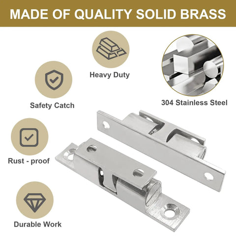 Stylish Solid Brass Cabinet Latches With Adjustable Ball Tension And Double Roller Catch Design For Closet Doors And Furniture, Easy Install Silver 4 Pack Kit, showing heavy duty design and rust-proof construction.