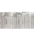 30 Piece 2.35Mm Shank Titanium Coated Diamond Burrs Set For Rotary Tools With Assorted Shapes Ball Cone Cylinder Needle Point And Tapers For Grinding Polishing Carving Stone Jewelry Glass And Ceramics Ideal For Do It Yourself Hobbyists; full set displayed in a row
