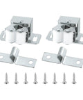 Smooth As Butter Stainless Steel Cabinet Latch Set With Double Roller Catch And Spear Strike Plate Including Mounting Screws, showing two latches and screws.