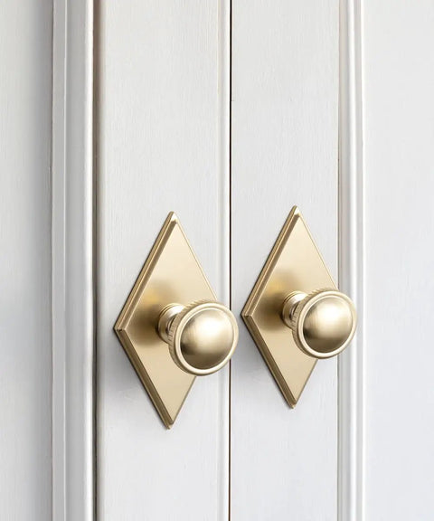 Slick Champagne Bronze Cabinet Knobs Pairing Fresh Rhombus Backplates With Fluted Dome Heads on doors, stylish home decor.